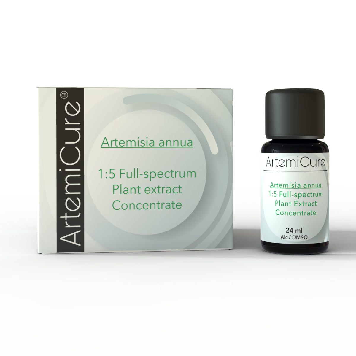 ArtemiCure Artemisia 360° Full-Spectrum Plant Extract – front view. High-quality herbal tincture with a 1:5 concentration. Triple extraction using ultrasound, ethanol, and DMSO. Premium natural plant extract packaging.