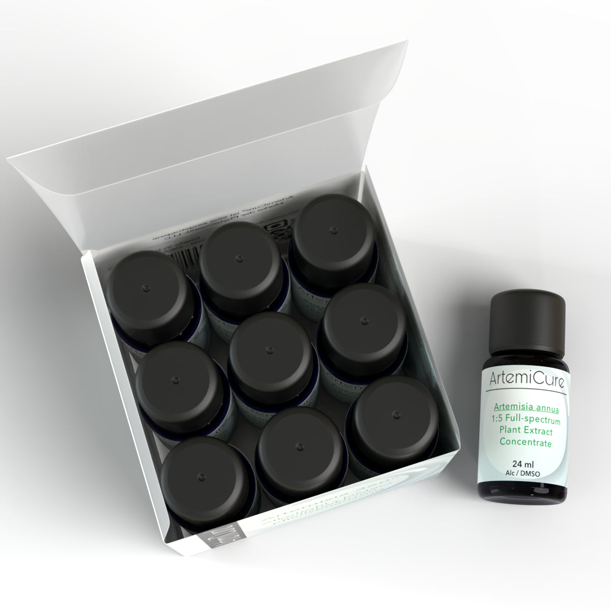 Top view of ArtemiCure Artemisia 360° Full-Spectrum Plant Extract packaging. Securely packed premium herbal extract. High-concentration Artemisia annua tincture with ethanol and DMSO for optimal bioavailability