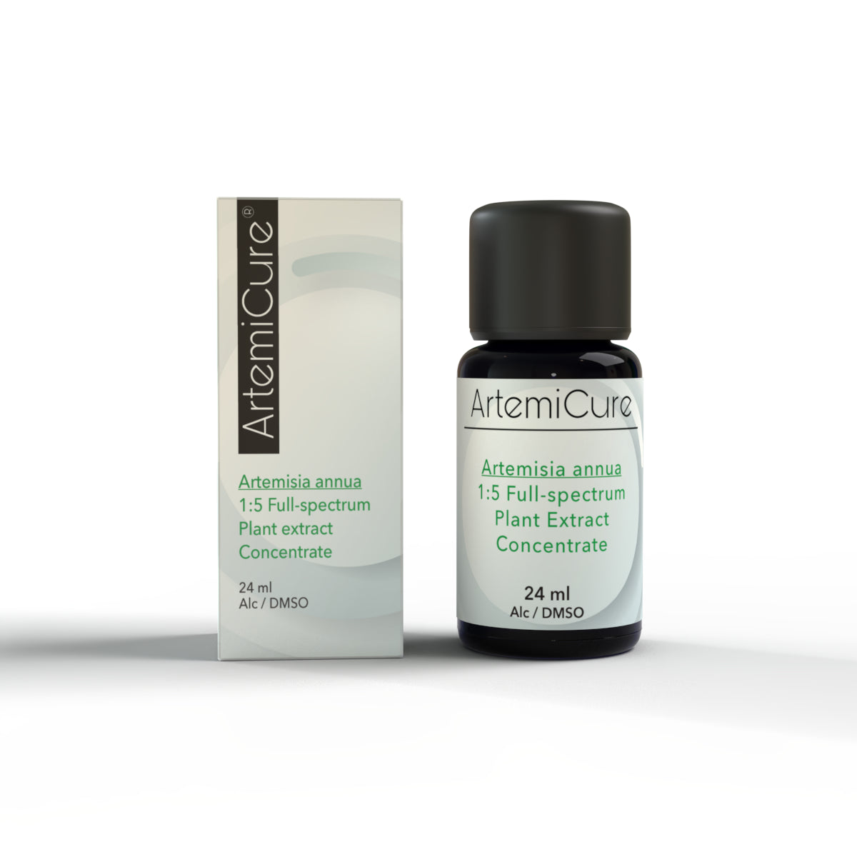 Front view of ArtemiCure Artemisia annua 1:5 Full-Spectrum Plant Extract. Premium packaging with clear labeling. Triple extraction formula with ultrasound, alcohol, and DMSO. 24 ml bottle containing highly concentrated herbal extract.