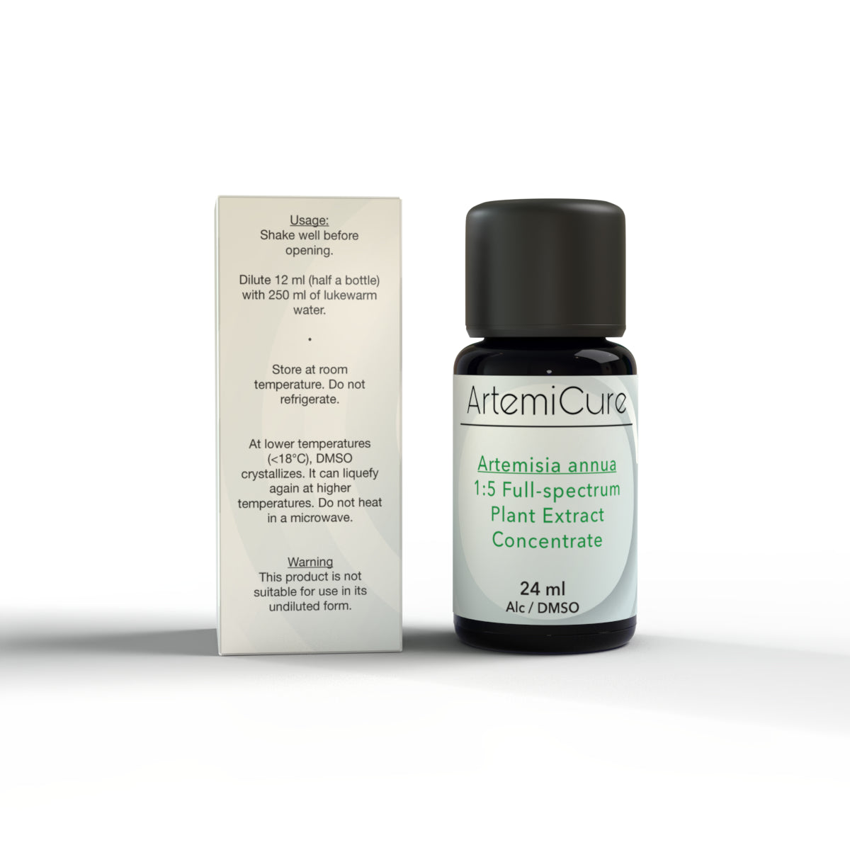 Side view of ArtemiCure Artemisia annua 1:5 Full-Spectrum Plant Extract. Instructions for dilution, storage, and warning about DMSO crystallization. 24 ml concentrated tincture with ethanol and DMSO. High-quality Artemisia extract